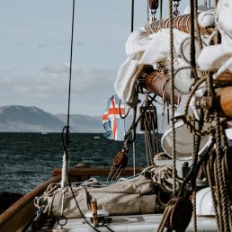 white and brown yacht on body of water near mountain range